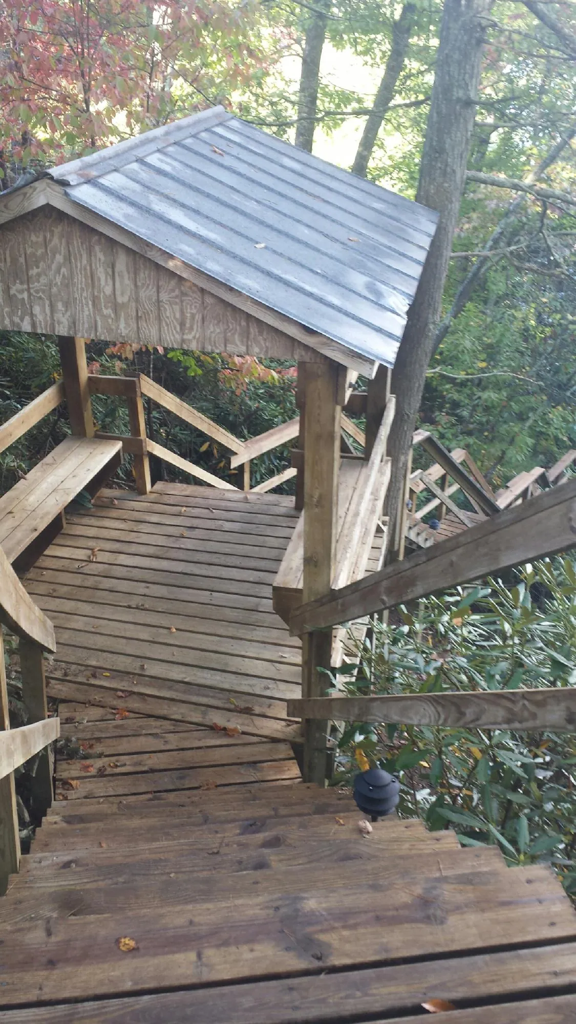 Metal roofed shelter over wooden steps on a wooded walkway — Skylight Repair & Installation work by our crew in Bosque Farms